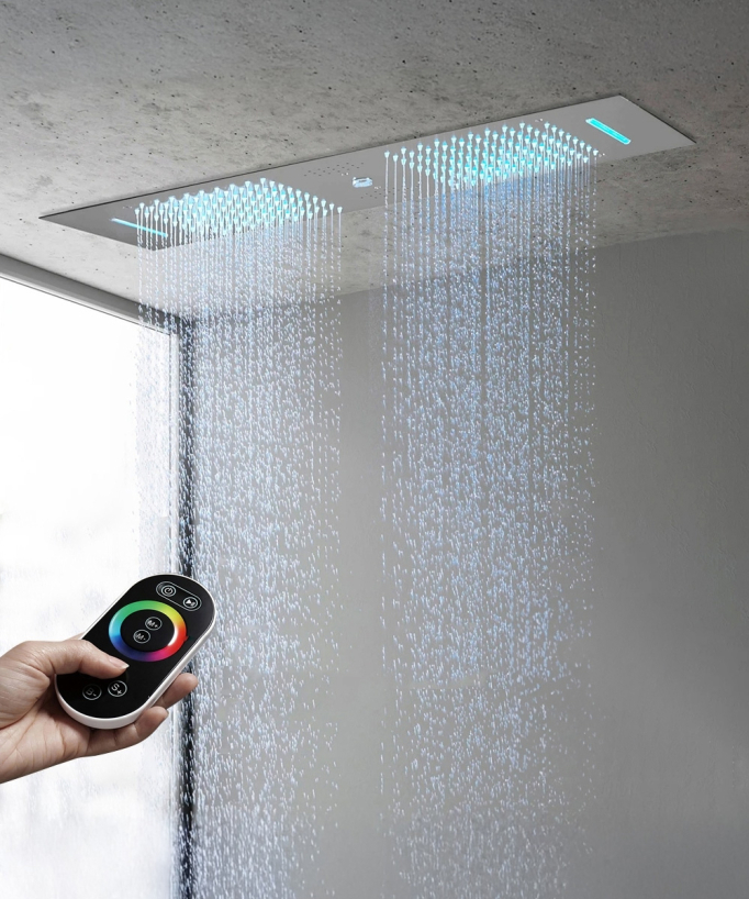 Moderne Thermostat-Duschsystem Schwarz – LED-Regenhimmel 900 x 300 mm, 3 Körperdüsen