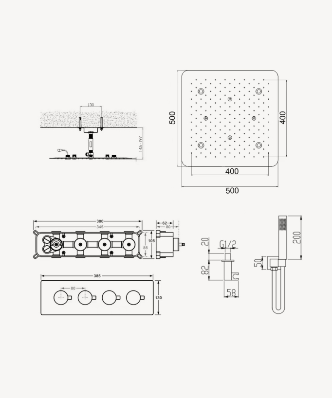 Unterputz-Thermostat-Duschsystem mit LED-Deckenbrause – Schwarz