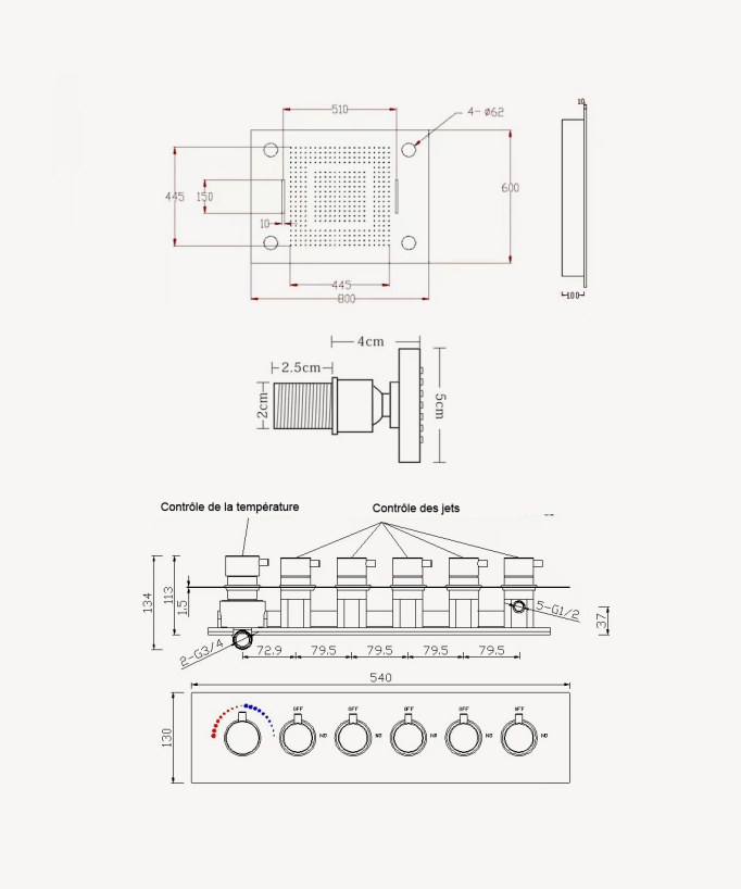 Thermostatische LED-Duschsystem-Kombination, Schwarz – 600x800 mm