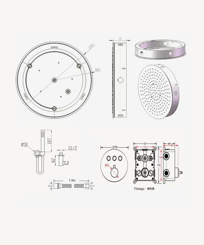 Thermostat-Duschset mit runder Unterputz-Kopfbrause