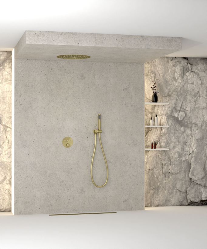 Thermostat-Duschset mit runder Unterputz-Regendusche – Gebürstetes Gold