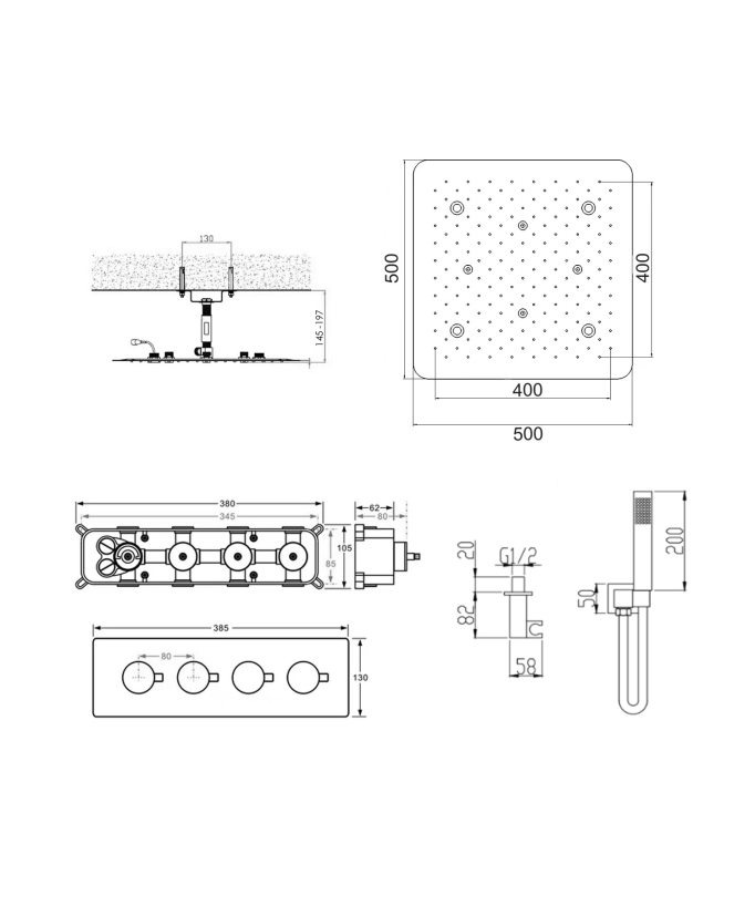 Unterputz-Duschsystem Thermostat Decke mit LED