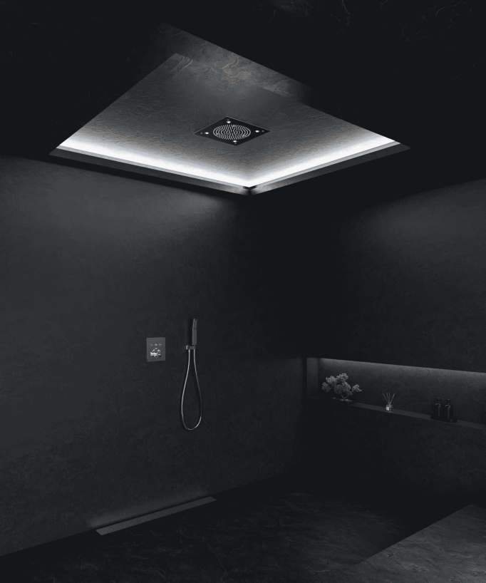 Sirius Duschsystem mit LED-Einbau-Regenbrause und Thermostat, Decke, Chrom