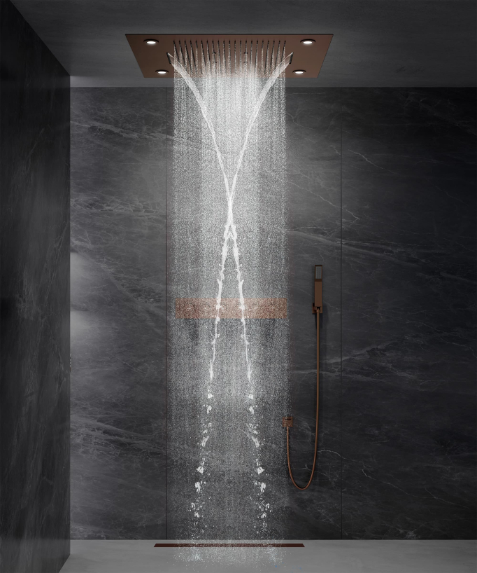 Thermostat-Duschset mit LED-Regenhimmel und Chromotherapie - 80x60 cm - Gebürstetes Roségold