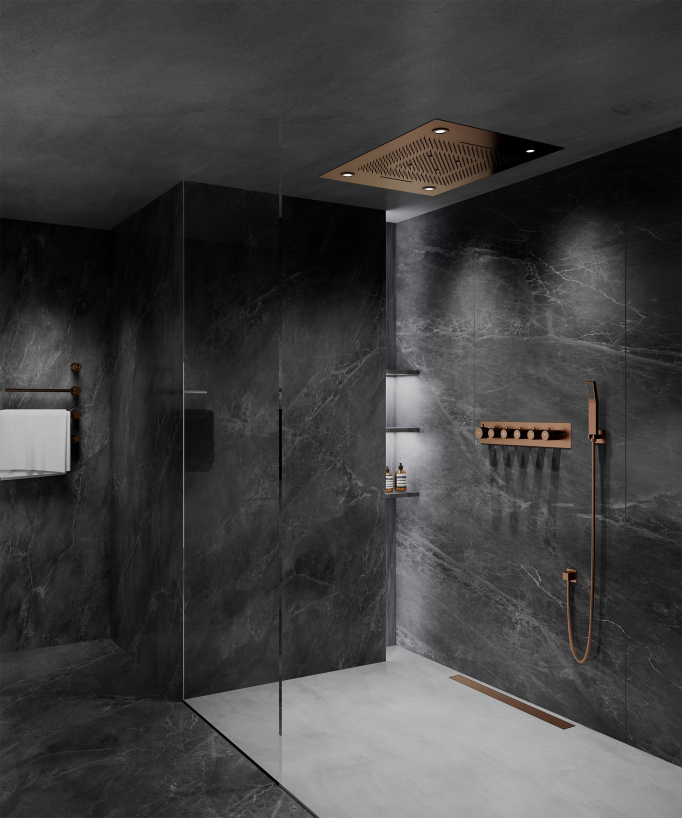 Thermostat-Duschset mit LED-Regenhimmel und Chromotherapie - 80x60 cm - Gebürstetes Roségold