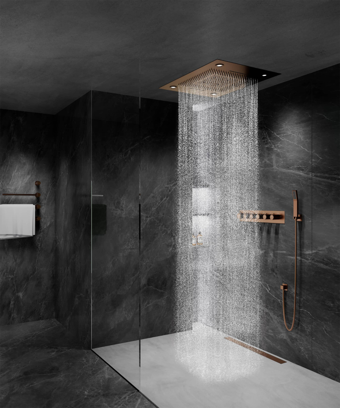 Thermostat-Duschset mit LED-Regenhimmel und Chromotherapie - 80x60 cm - Gebürstetes Roségold