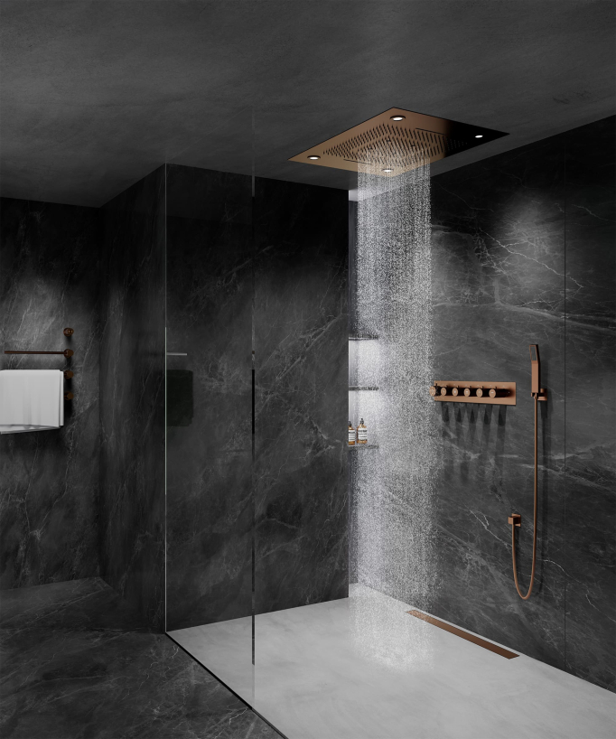 Thermostat-Duschset mit LED-Regenhimmel und Chromotherapie - 80x60 cm - Gebürstetes Roségold