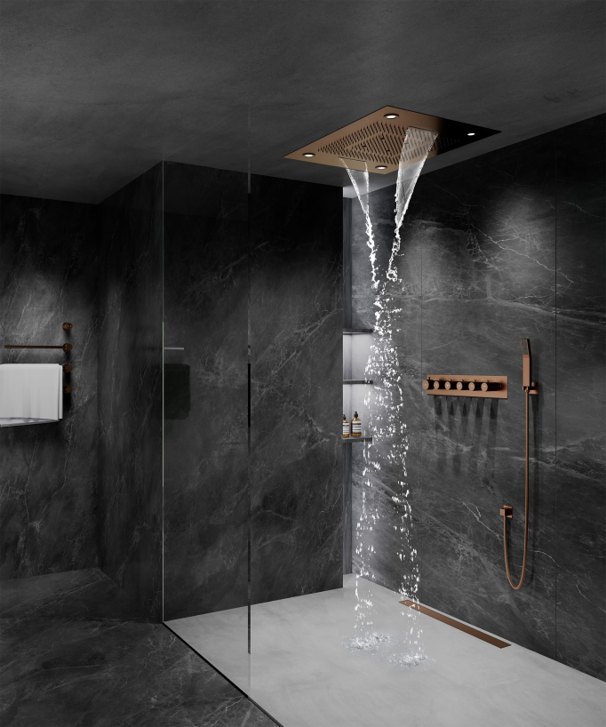 Thermostat-Duschset mit LED-Regenhimmel und Chromotherapie - 80x60 cm - Gebürstetes Roségold