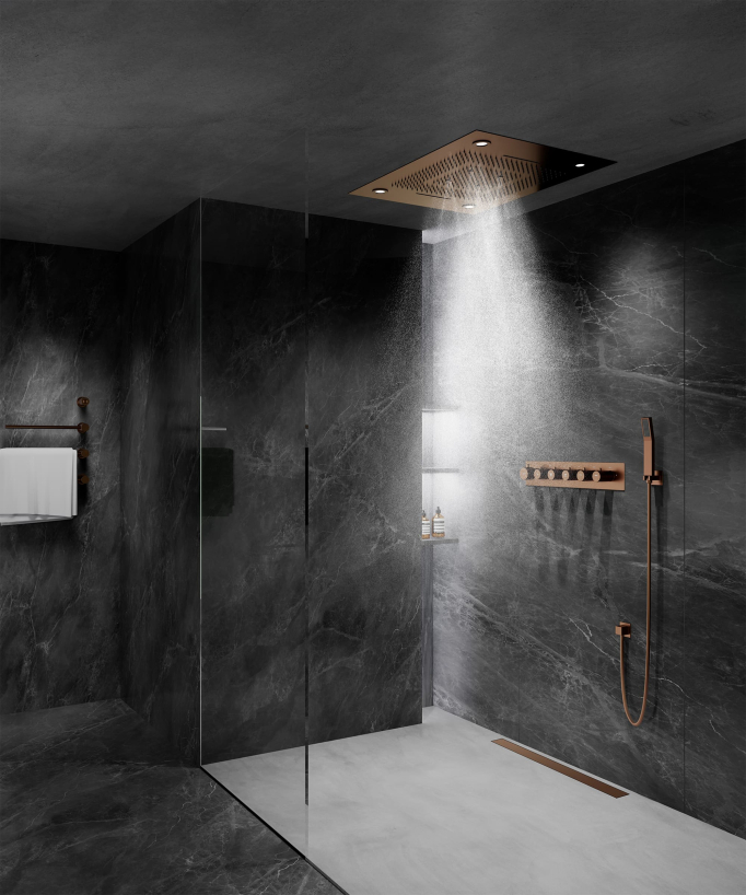 Thermostat-Duschset mit LED-Regenhimmel und Chromotherapie - 80x60 cm - Gebürstetes Roségold