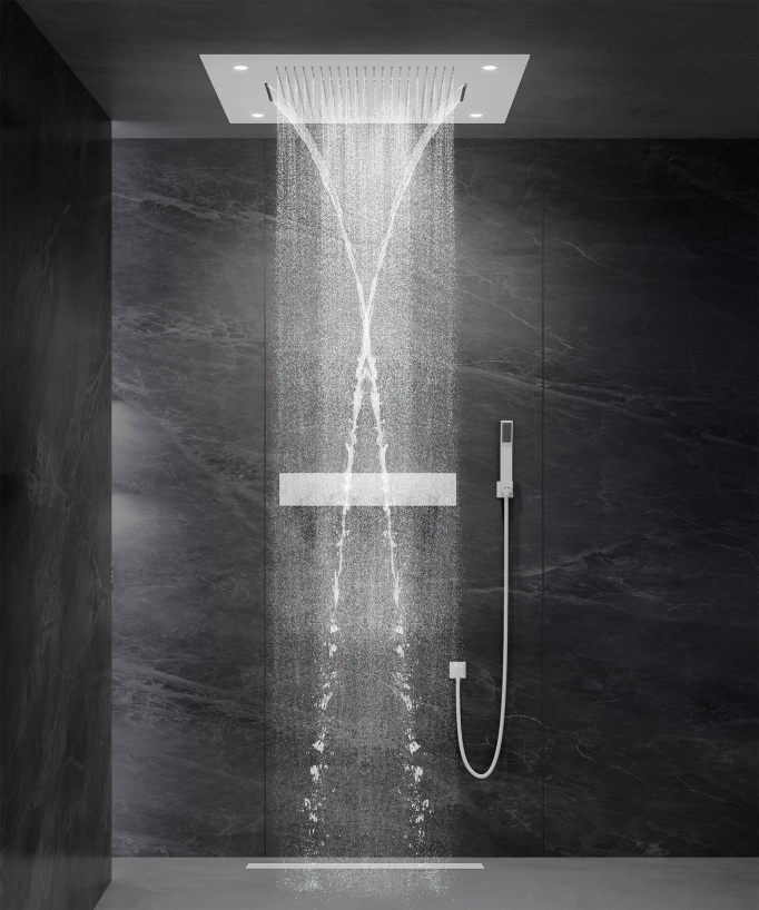 Thermostatische Duschsystem-Komposition mit LED-Regenhimmel und Chromotherapie – 80x60 cm – Weiß