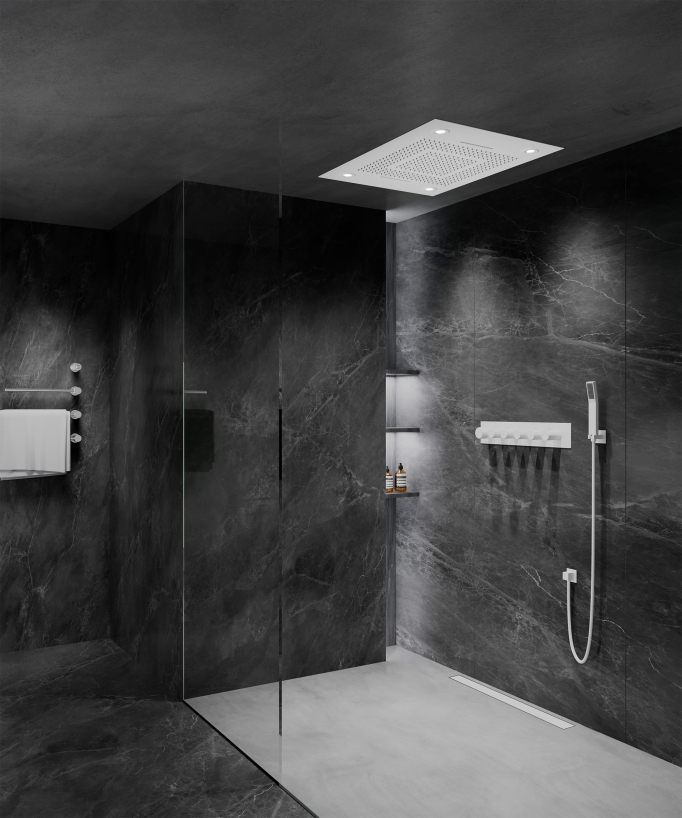 Thermostatische Duschsystem-Komposition mit LED-Regenhimmel und Chromotherapie – 80x60 cm – Weiß
