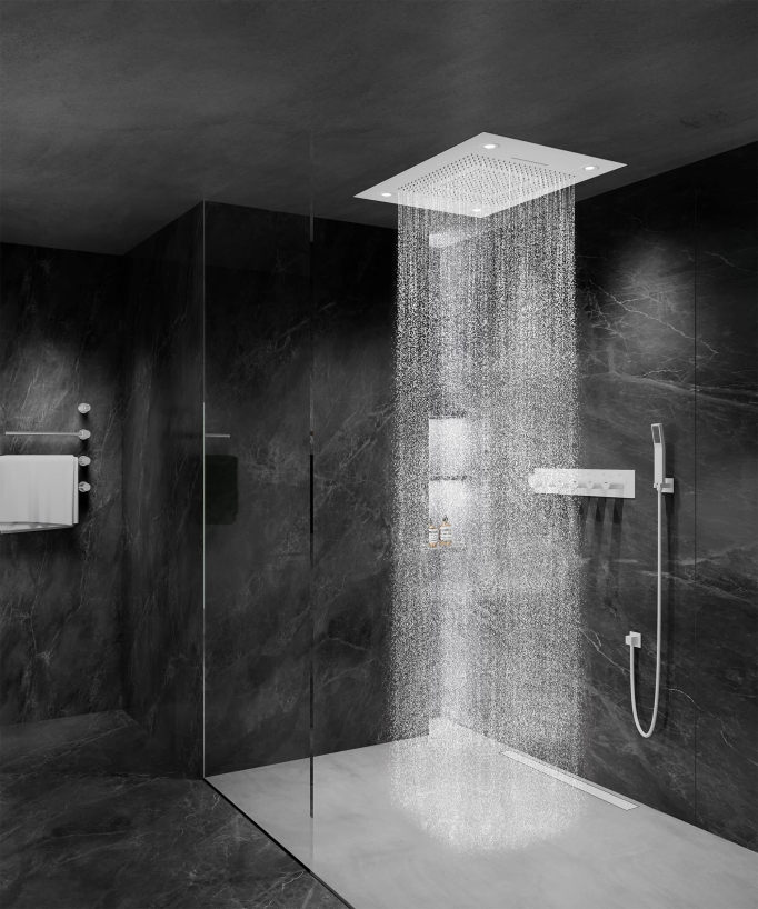 Thermostatische Duschsystem-Komposition mit LED-Regenhimmel und Chromotherapie – 80x60 cm – Weiß