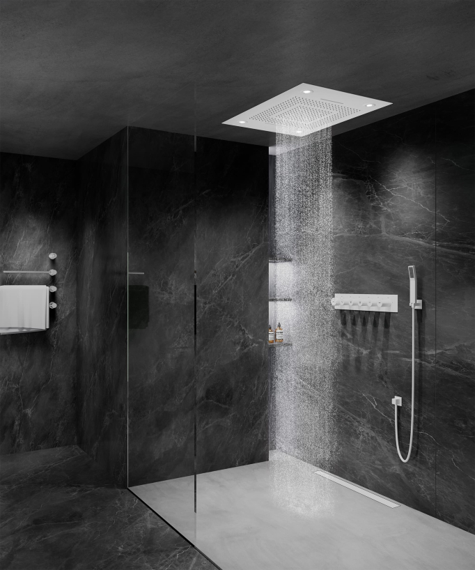 Thermostatische Duschsystem-Komposition mit LED-Regenhimmel und Chromotherapie – 80x60 cm – Weiß