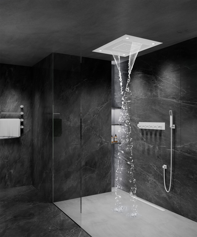 Thermostatische Duschsystem-Komposition mit LED-Regenhimmel und Chromotherapie – 80x60 cm – Weiß