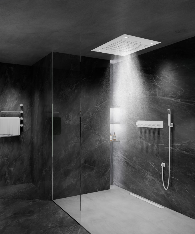 Thermostatische Duschsystem-Komposition mit LED-Regenhimmel und Chromotherapie – 80x60 cm – Weiß