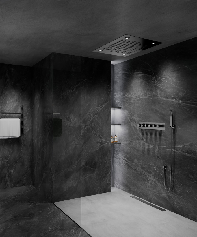 Thermostatische Duschkomposition mit LED-Regenhimmel und Chromotherapie - 80x60 cm - Gun Metal