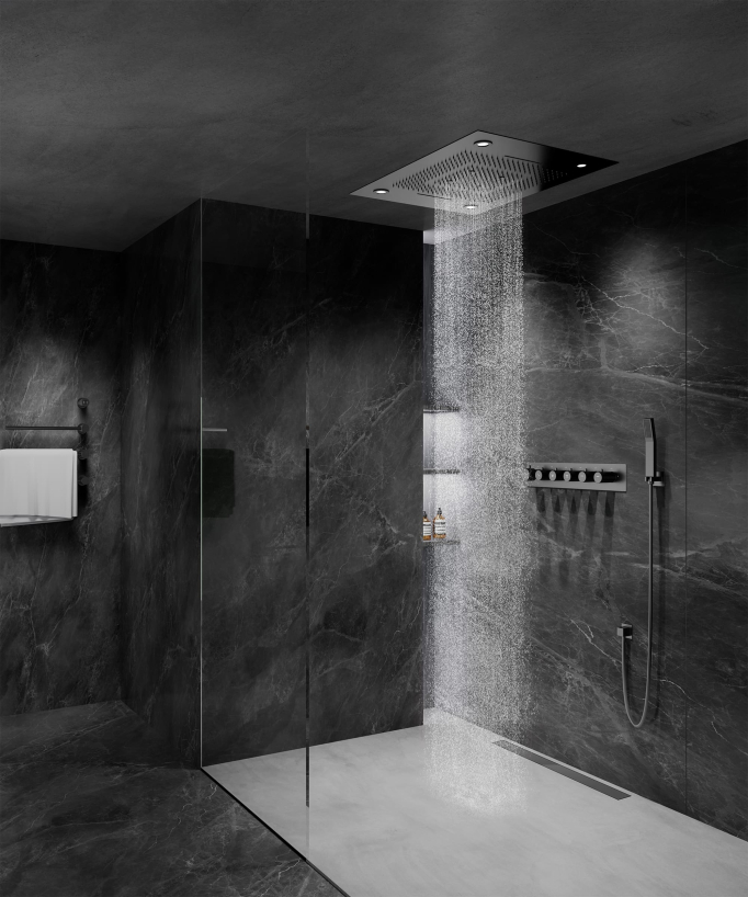 Thermostatische Duschkomposition mit LED-Regenhimmel und Chromotherapie - 80x60 cm - Gun Metal