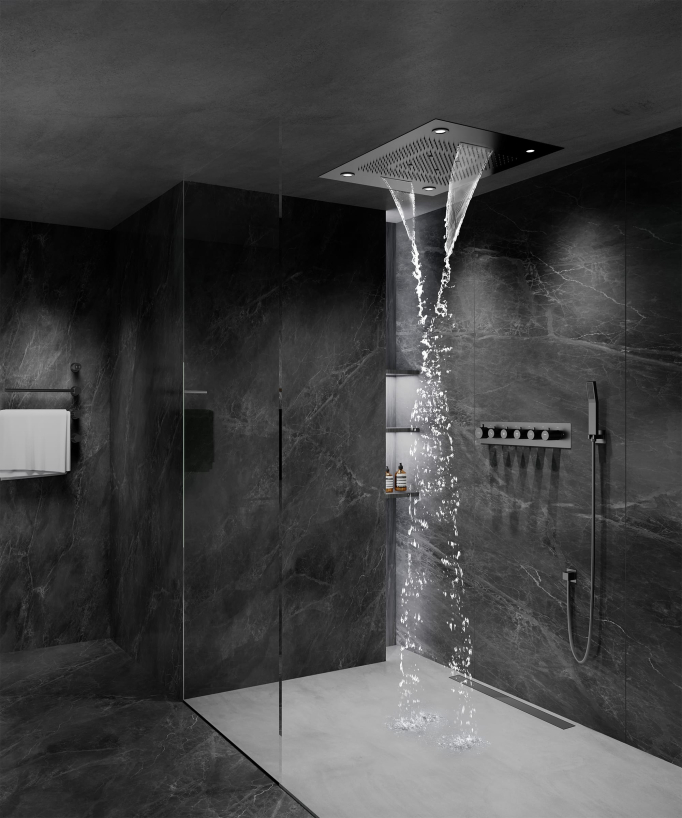 Thermostatische Duschkomposition mit LED-Regenhimmel und Chromotherapie - 80x60 cm - Gun Metal