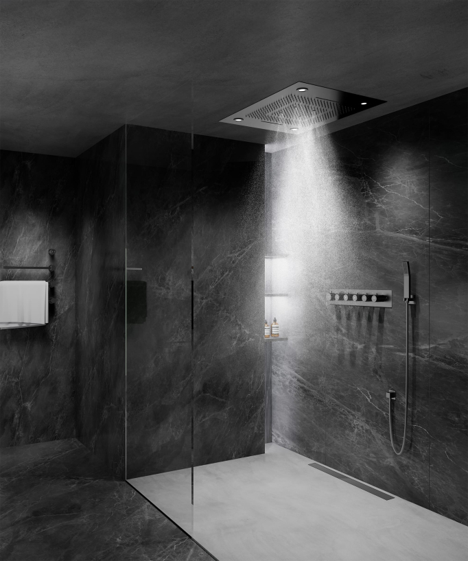 Thermostatische Duschkomposition mit LED-Regenhimmel und Chromotherapie - 80x60 cm - Gun Metal