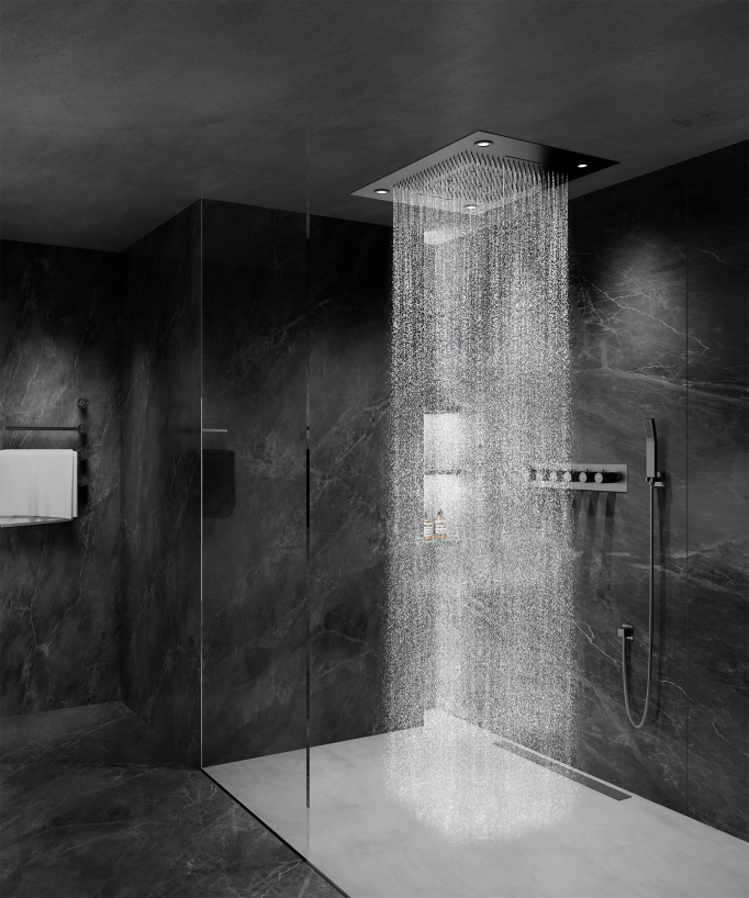 Thermostatische Duschkomposition mit LED-Regenhimmel und Chromotherapie - 80x60 cm - Gun Metal