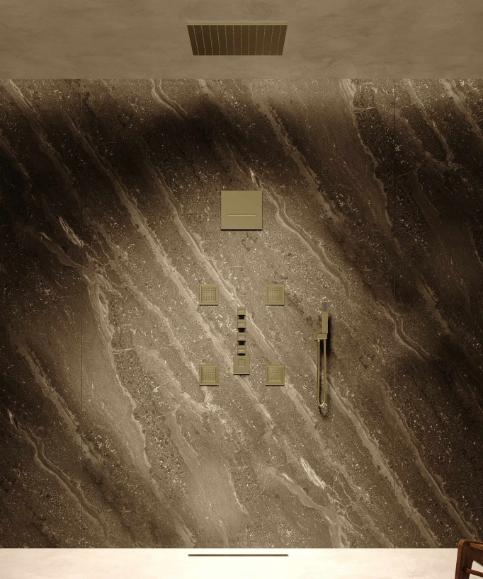 Wellness Duschsystem mit Regenhimmel, Körperdüsen & Thermostat, gebürstetes Gold - Sirius