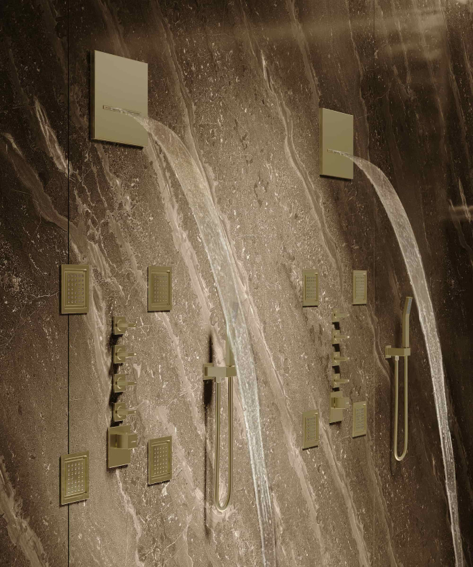 Wellness Duschsystem mit Regenhimmel, Körperdüsen & Thermostat, gebürstetes Gold - Sirius