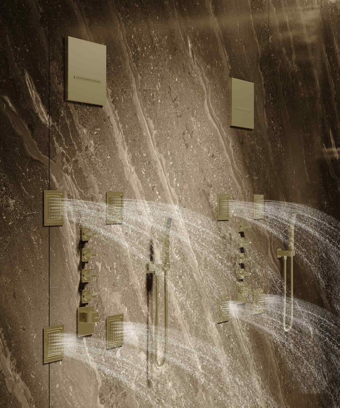 Wellness Duschsystem mit Regenhimmel, Körperdüsen & Thermostat, gebürstetes Gold - Sirius