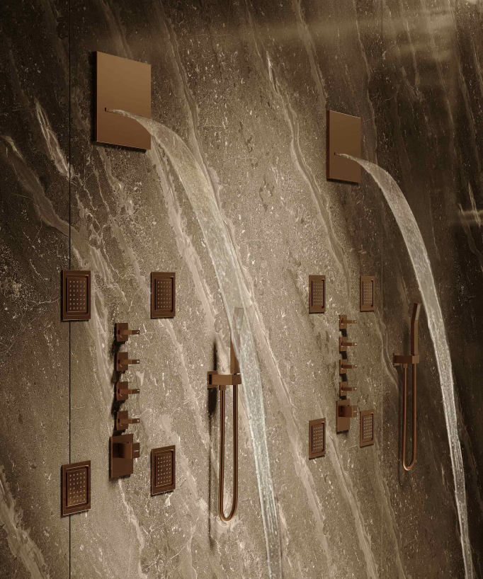 Thermostat-Duschsystem mit Regenduschkopf, Körperdüsen und Wandwasserfall, gebürstetes Roségold - Sirius