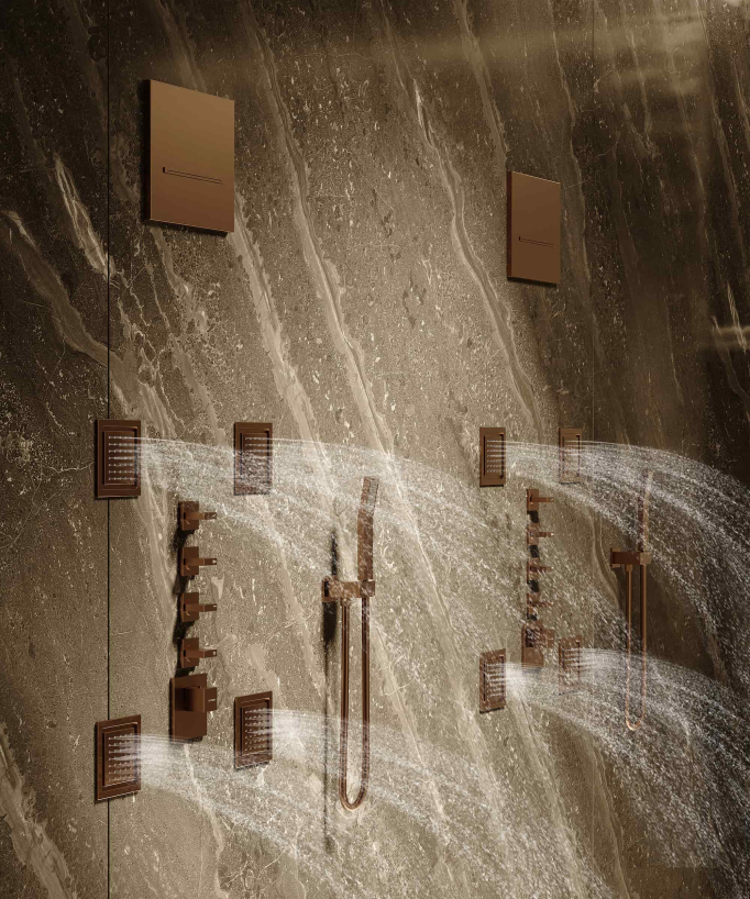 Thermostat-Duschsystem mit Regenduschkopf, Körperdüsen und Wandwasserfall, gebürstetes Roségold - Sirius