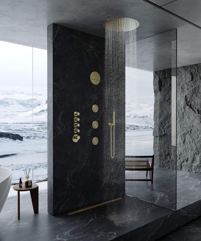 Thermostat-Duschsystem Unterputz Rund Wellness mit Regenbrause, Körperdüsen, gebürstetes Gold – Corbeau