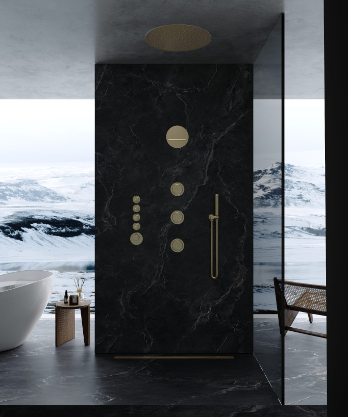 Thermostat-Duschsystem Unterputz Rund Wellness mit Regenbrause, Körperdüsen, gebürstetes Gold – Corbeau