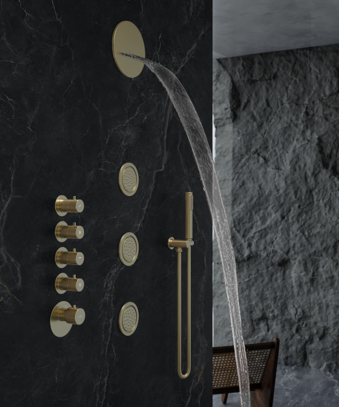 Thermostat-Duschsystem Unterputz Rund Wellness mit Regenbrause, Körperdüsen, gebürstetes Gold – Corbeau