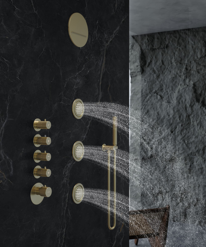 Thermostat-Duschsystem Unterputz Rund Wellness mit Regenbrause, Körperdüsen, gebürstetes Gold – Corbeau