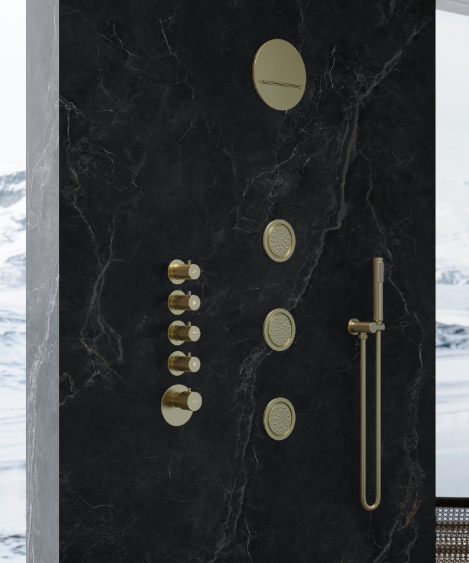 Thermostat-Duschsystem Unterputz Rund Wellness mit Regenbrause, Körperdüsen, gebürstetes Gold – Corbeau
