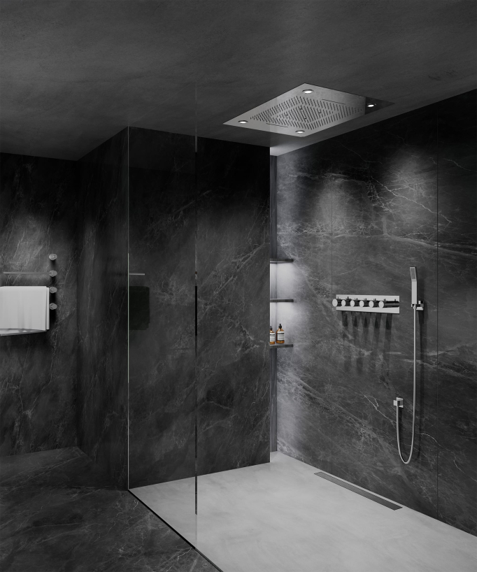 Thermostatische Duschlösung mit LED-Regendusche und Chromotherapie – 80x60 cm