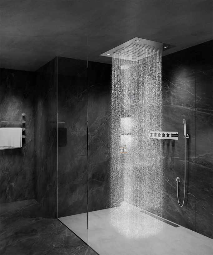Thermostatische Duschlösung mit LED-Regendusche und Chromotherapie – 80x60 cm