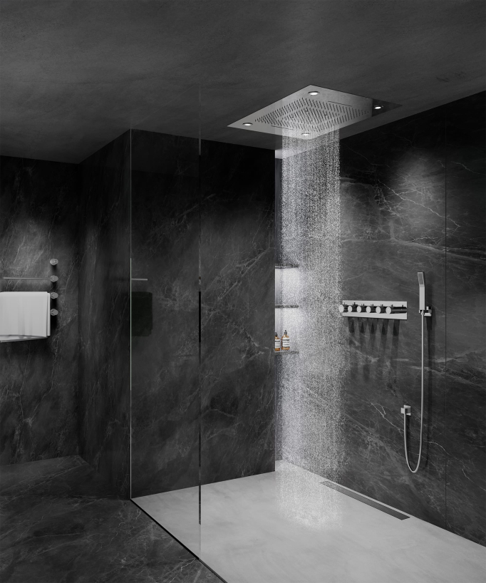 Thermostatische Duschlösung mit LED-Regendusche und Chromotherapie – 80x60 cm