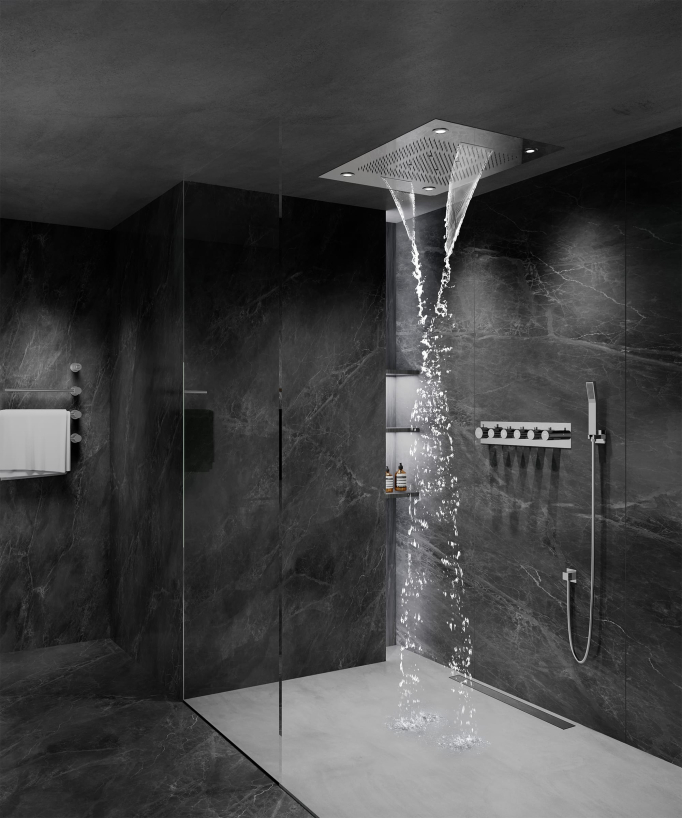 Thermostatische Duschlösung mit LED-Regendusche und Chromotherapie – 80x60 cm