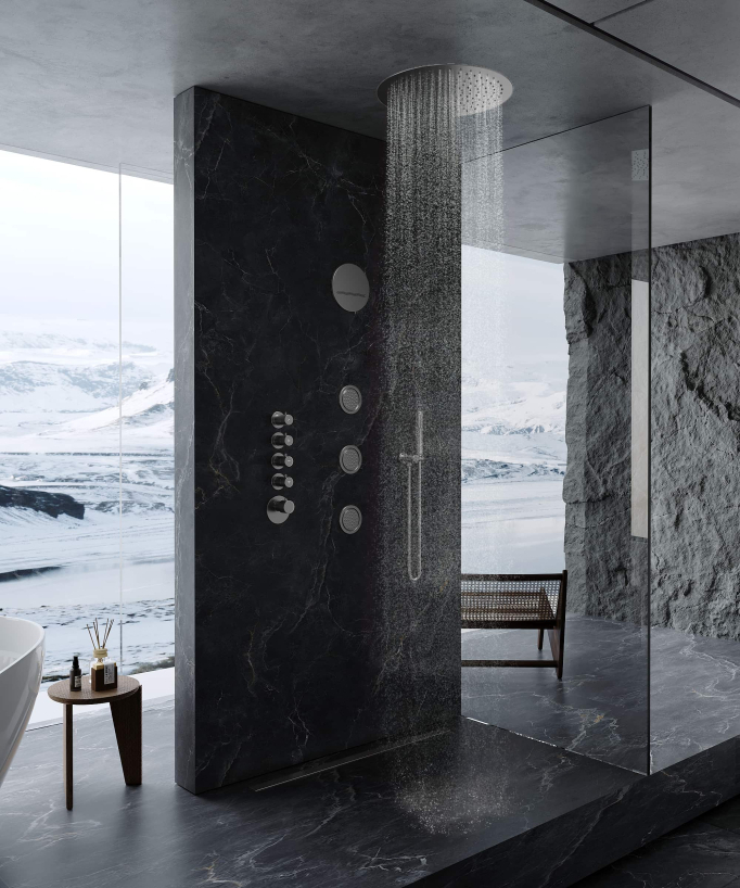 Thermostatische Duschsystem Wellness mit runder Decken-Regendusche, Bodyjets, Gunmetal – Corbeau