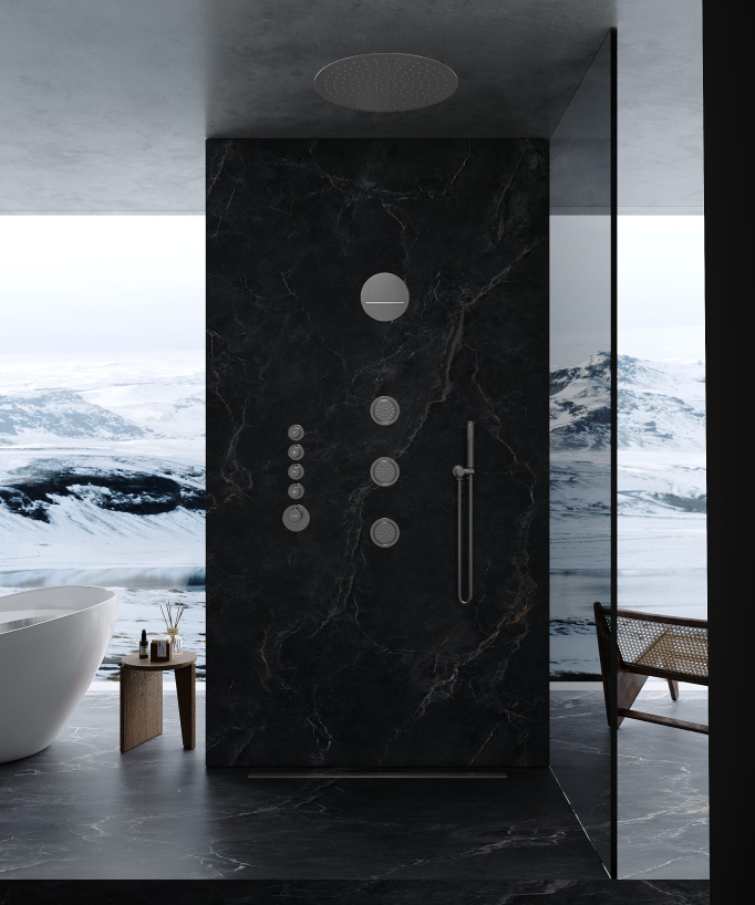Thermostatische Duschsystem Wellness mit runder Decken-Regendusche, Bodyjets, Gunmetal – Corbeau