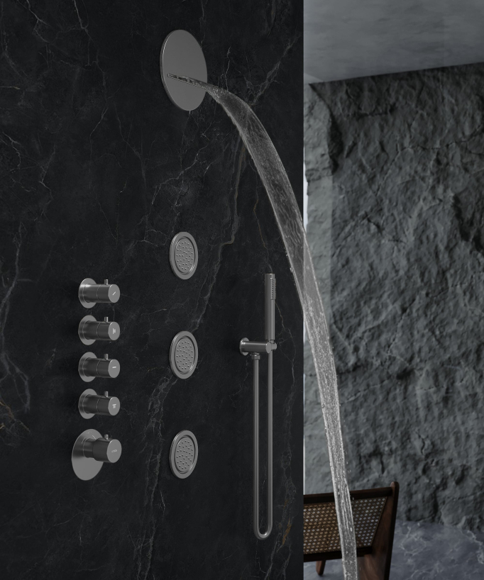 Thermostatische Duschsystem Wellness mit runder Decken-Regendusche, Bodyjets, Gunmetal – Corbeau