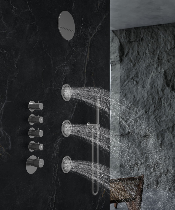 Thermostatische Duschsystem Wellness mit runder Decken-Regendusche, Bodyjets, Gunmetal – Corbeau