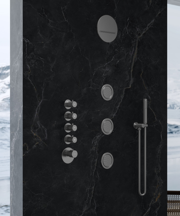 Thermostatische Duschsystem Wellness mit runder Decken-Regendusche, Bodyjets, Gunmetal – Corbeau
