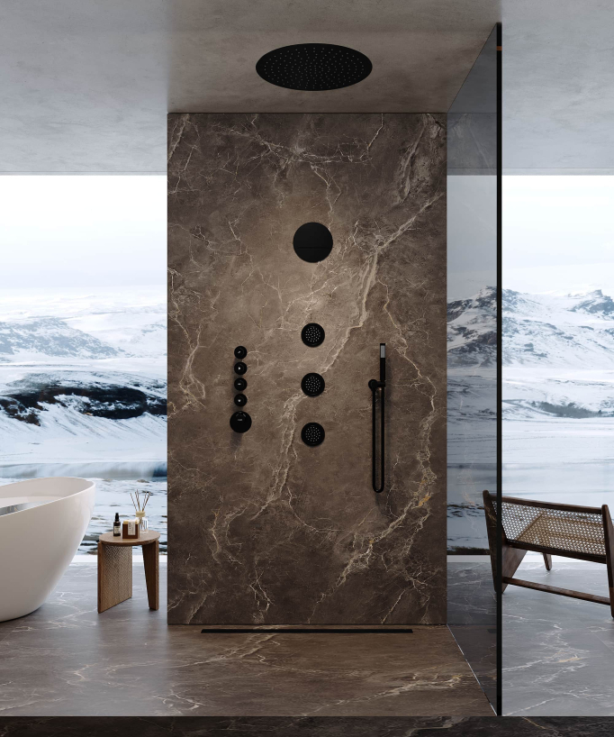 Thermostatische Duschlösung mit runder Decken-Regendusche Wellness und Körperdüsen Schwarz - Corbeau