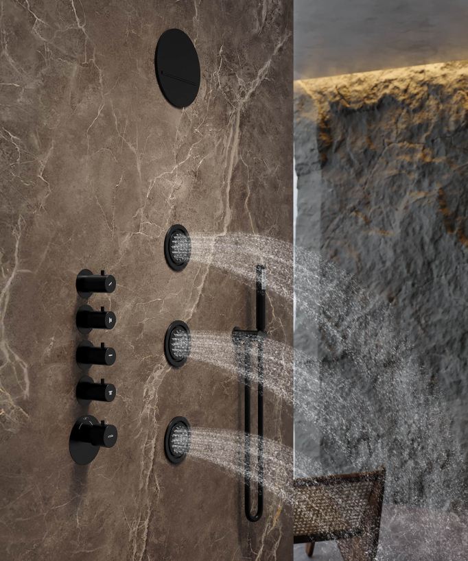 Thermostatische Duschlösung mit runder Decken-Regendusche Wellness und Körperdüsen Schwarz - Corbeau