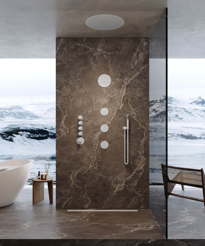 Wellness Unterputz-Duschsystem Rund Regenhimmel mit Bodyjets Weiß - Corbeau