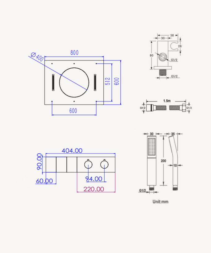 Thermostatische Duschsystem-Set Kaskaden- und Seitenbrause, Kopfbrause – Gebürstetes Gold