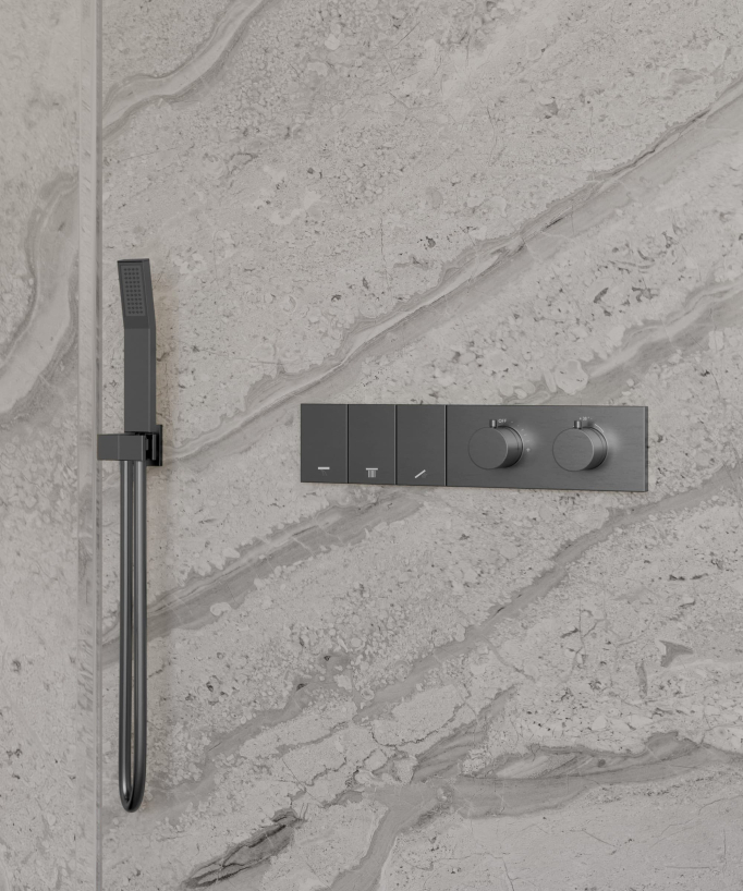 Thermostatische Duschkombination mit Kaskaden-, Regen- und Seitenstrahl – Gunmetal