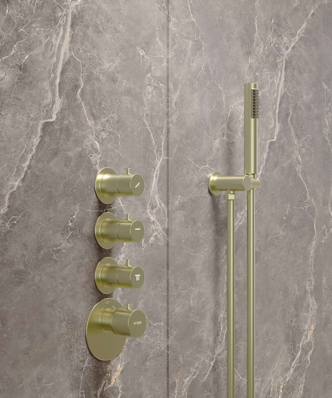 Thermostatisches Duschset mit LED-Regenhimmel rund, gebürstetes Gold – Corbeau