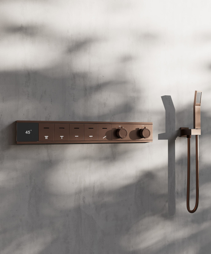Thermostatisches Duschsystem Set, LED Regenduschkopf 70x70 cm, Mehrstrahl – Gebürstetes Roségold